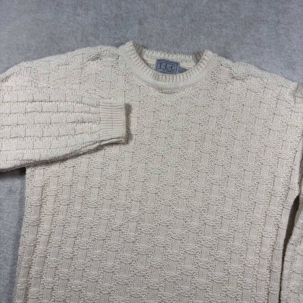 TLC by Lambert Sweater Mens L Cream Cotton Basketweave‎ Knit Vintage Made in USA